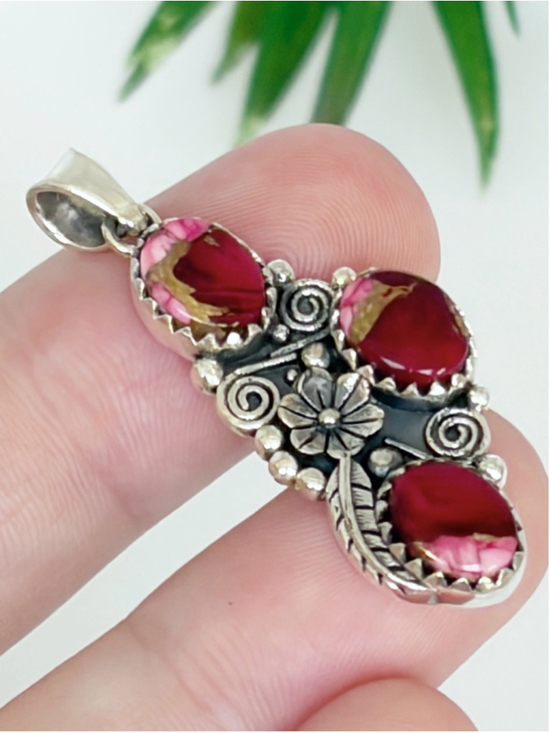 925 Sterling Silver Jewelry - Southwest Pure Sterling Silver 925 Red Rose Dahlia Kingman Turquoise Pendant New